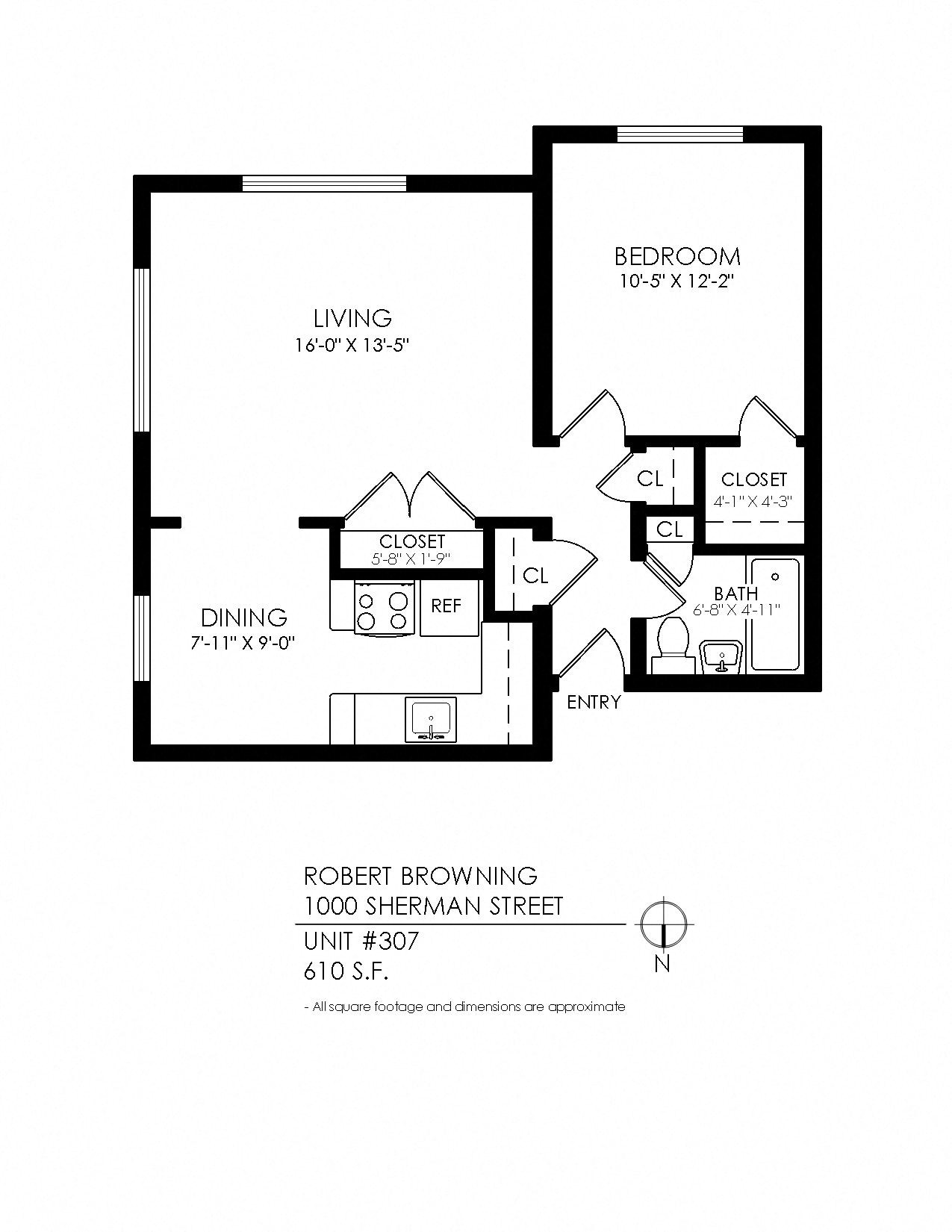 Floor plan for 1 bed, 1 bath, 615 sqft